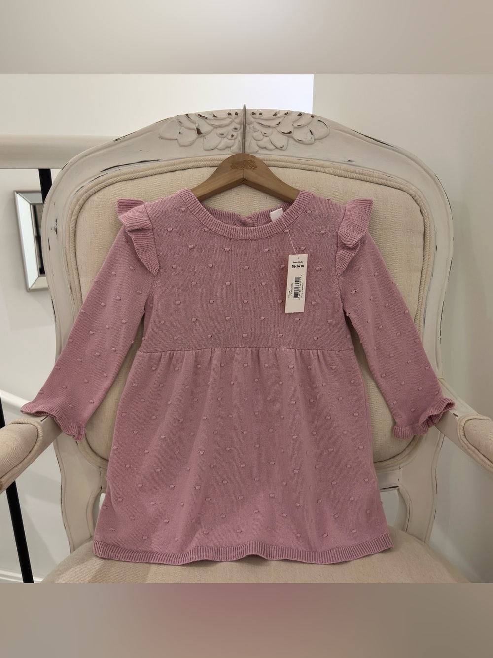 🦢 18~24 Mth Baby Girls Dusty Lilac 100% Cotton Knit Ruffle Sleeve Dress NWT
